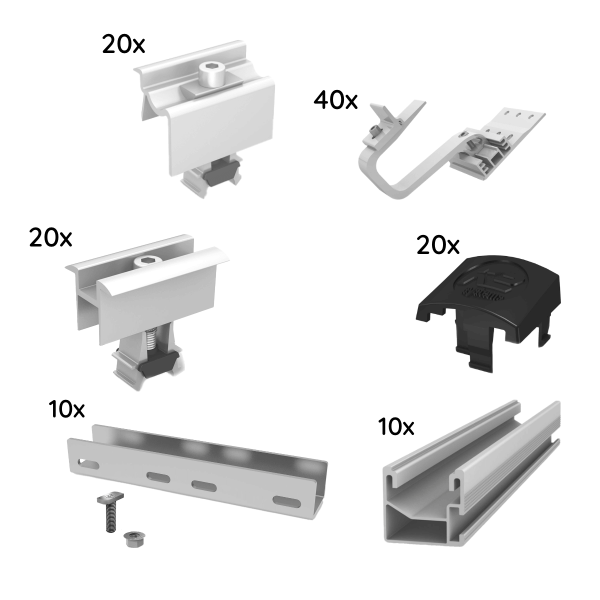 Mounting package for 10 modules of K2, SingleRail, pitched roof, 1-ply, silver